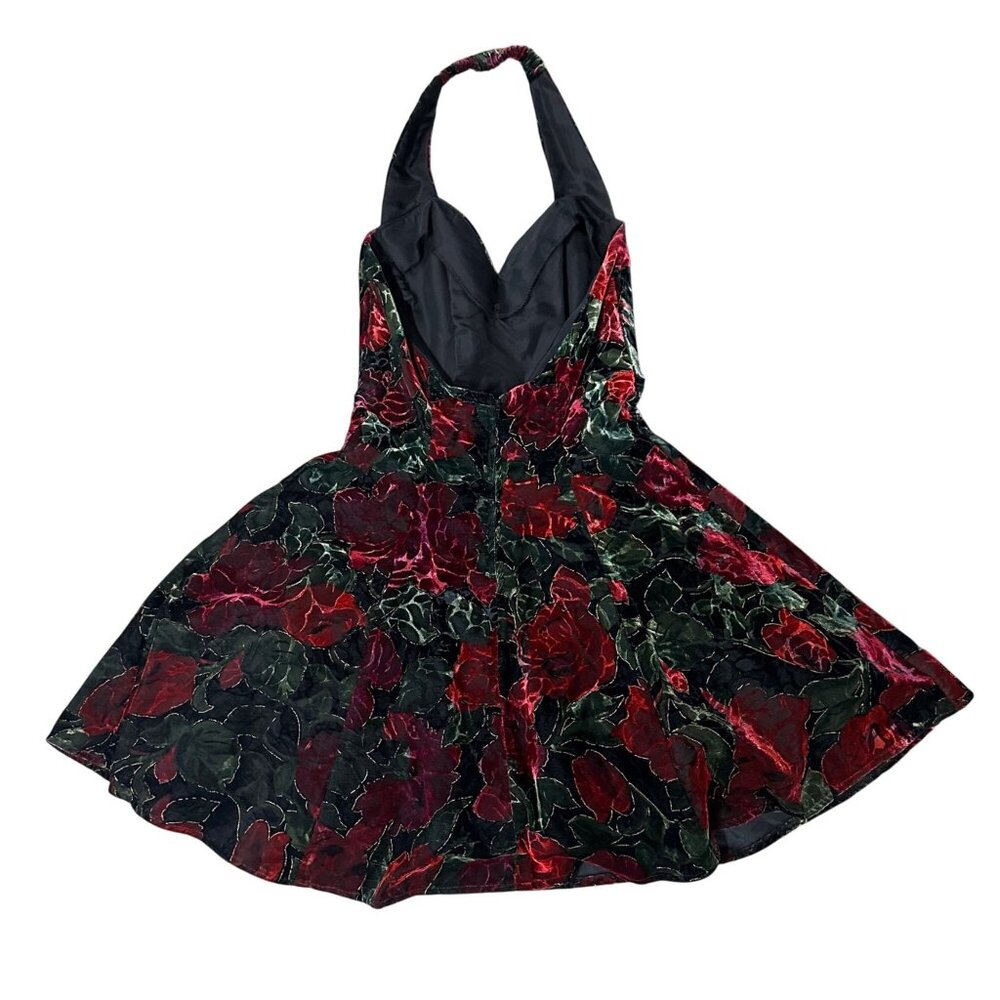 Vintage Velvet Floral Halter Dress Y2K Rampage USA Size 5 Black Red Formal Party - Picture 3 of 8